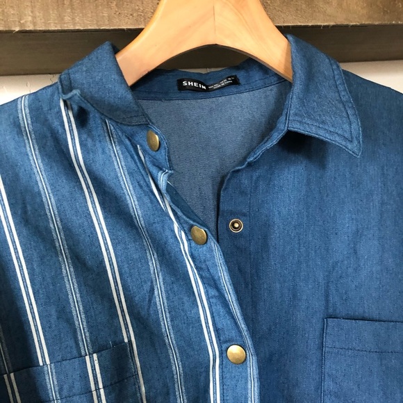 Shein|Oversized button down chambray top, striped & solid—asymmetrical hem•••XXL - Picture 8 of 14